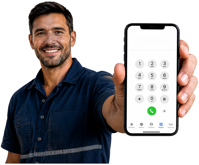 Warwick Farm Blocked Drains plumber holding a phone — call 1300 261 965
