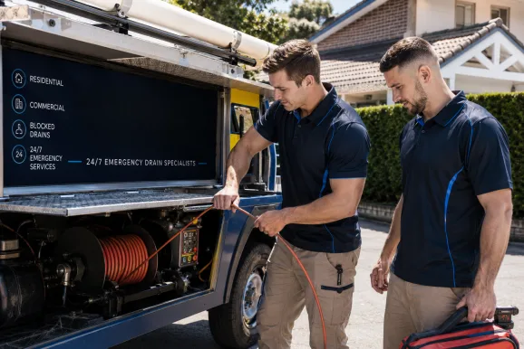 Two plumbers working on a blocked drain in Warwick Farm