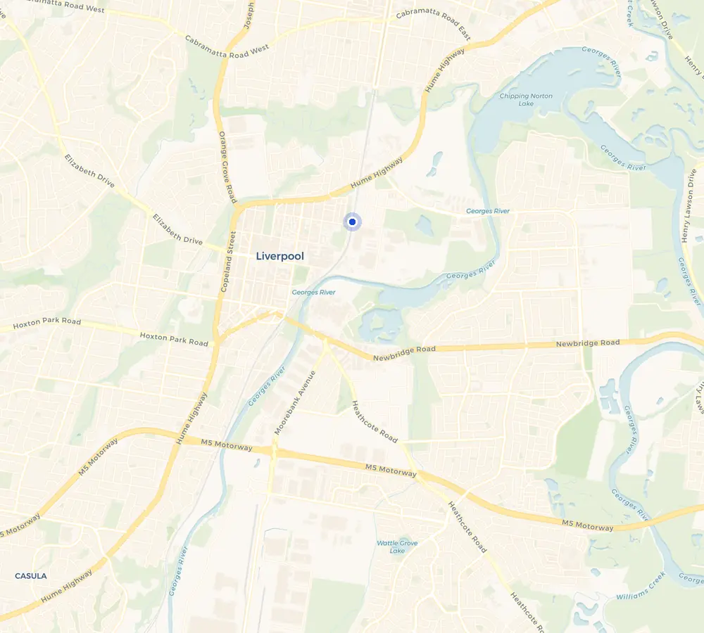 Map of the Warwick Farm service area and the surrounding South-West Sydney, showing Warwick Farm and the nearby streets we cover.