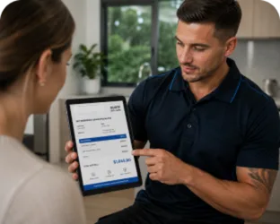 Plumber showing a Warwick Farm customer the quote on a tablet