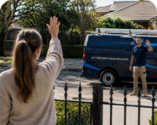 Customer waving goodbye to a Warwick Farm Blocked Drains plumber